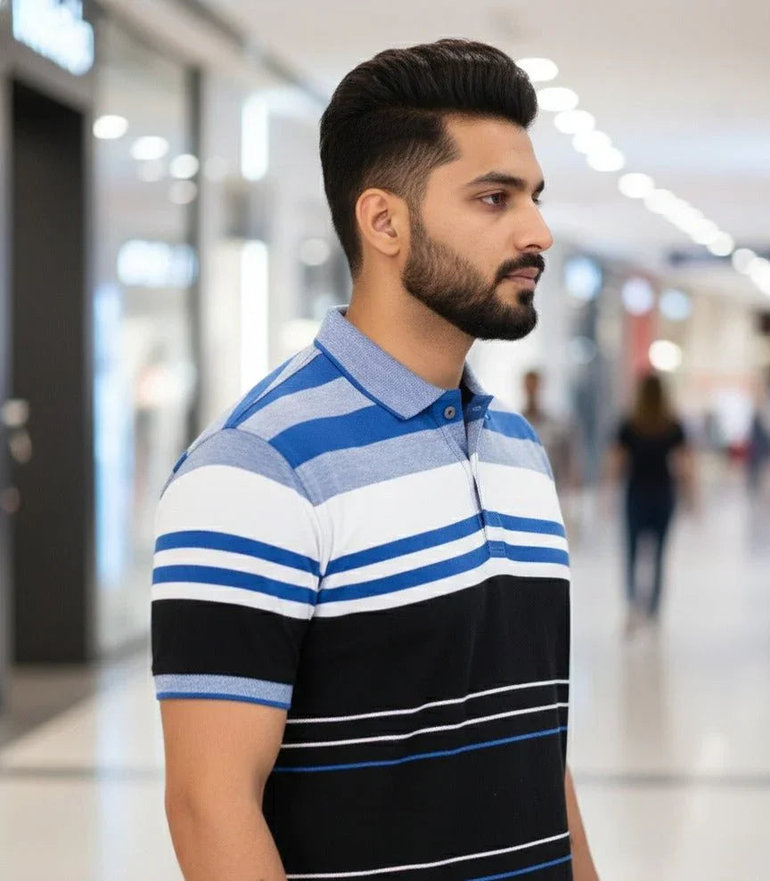 Mens Black/ White Stripes Polo | Men Premium Cotton Mens T Shirts | Miazi