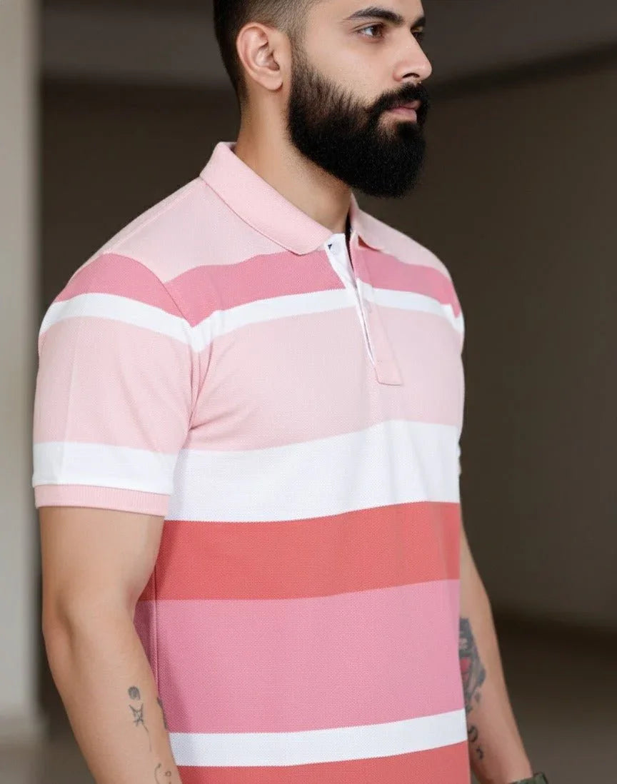 Mens Pink Stripes Polo | Men Premium Cotton Mens T Shirts | Miazi
