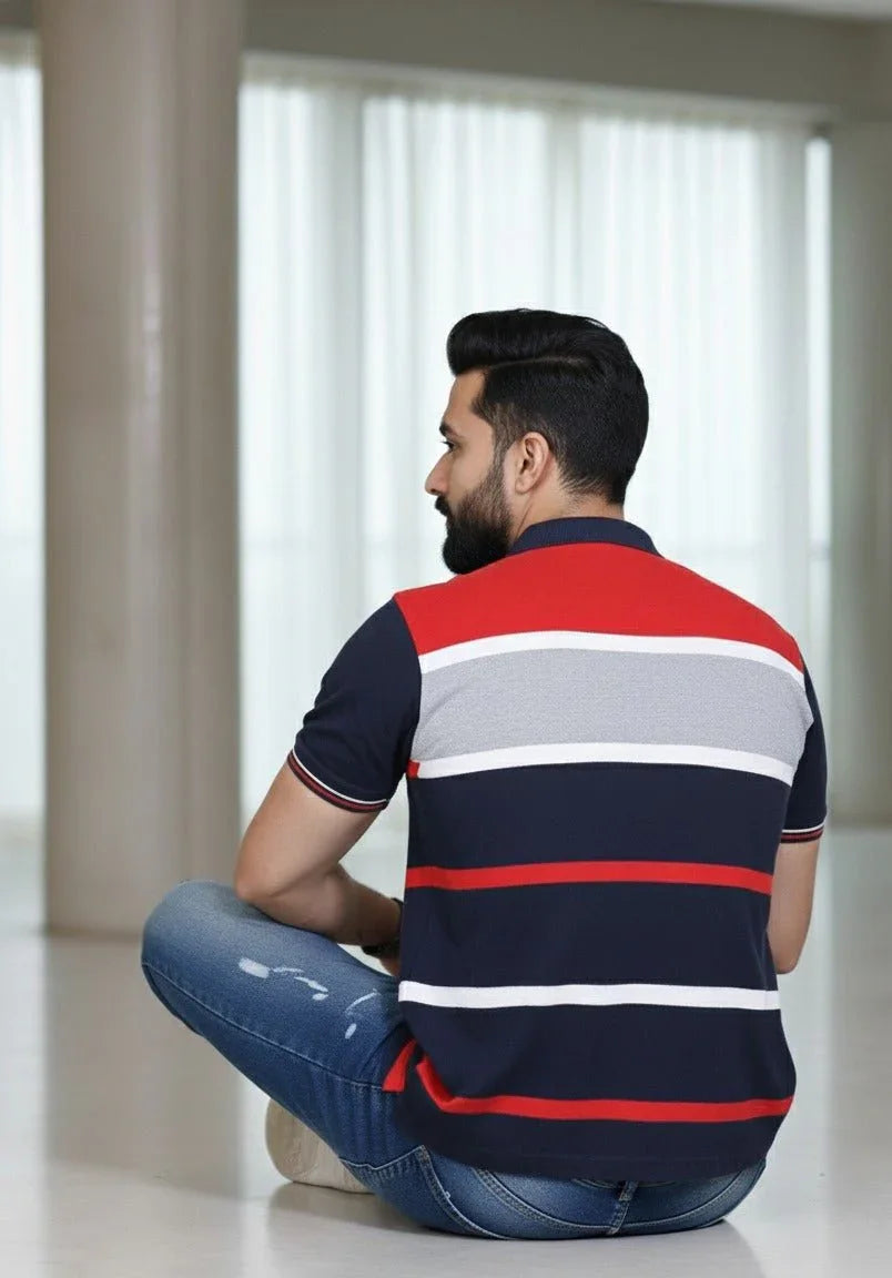Mens Blue/ Red Stripes Polo | Men Premium Cotton Mens T Shirts | Miazi