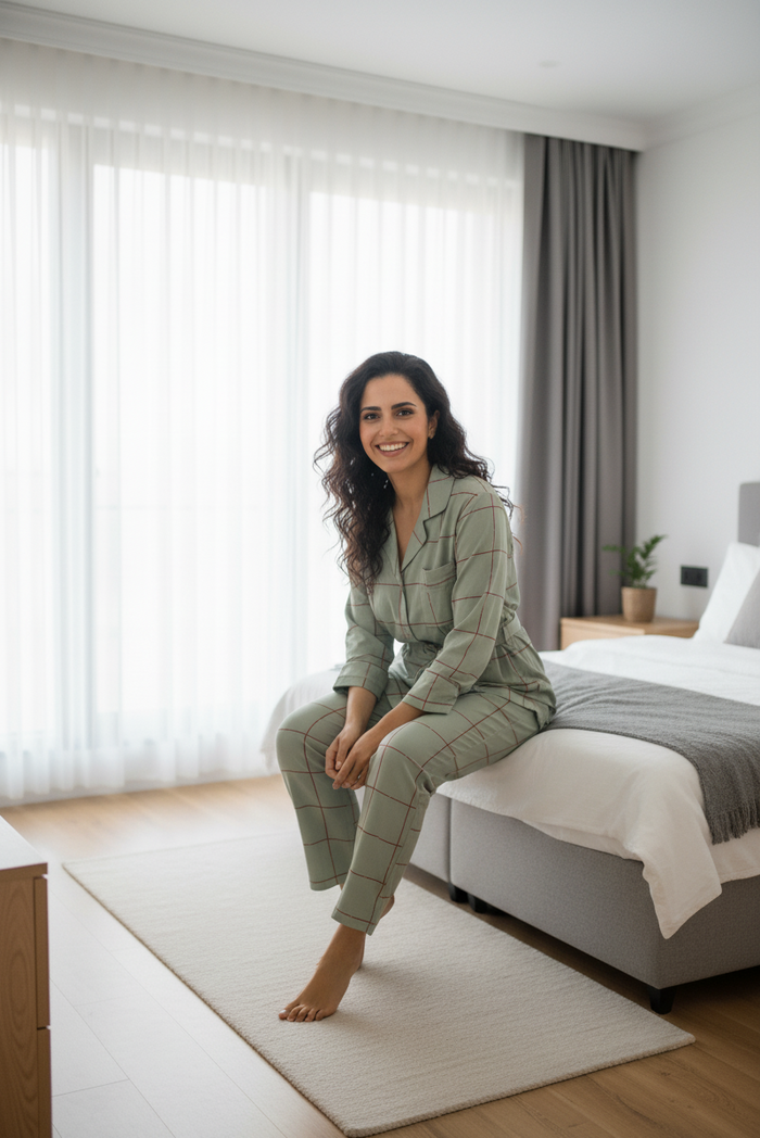 Women Check Nightwear With Belt | Men Premium Cotton Nightwear | Miazi