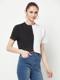 Color Blocked Black & White Crop Top for Women