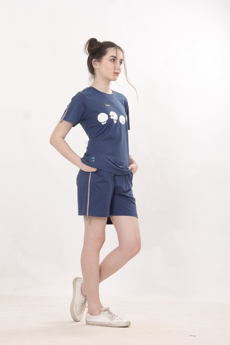 Navy Blue, Panda Print Nightwear With Shorts MX_SPS32