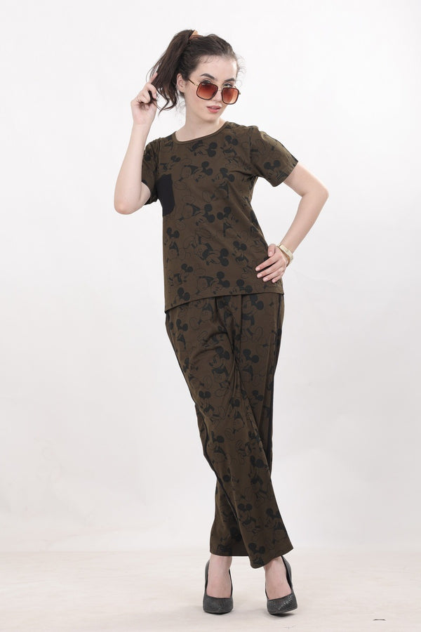 Olive With Black Mickey printed Nightwear  MX_CBS06