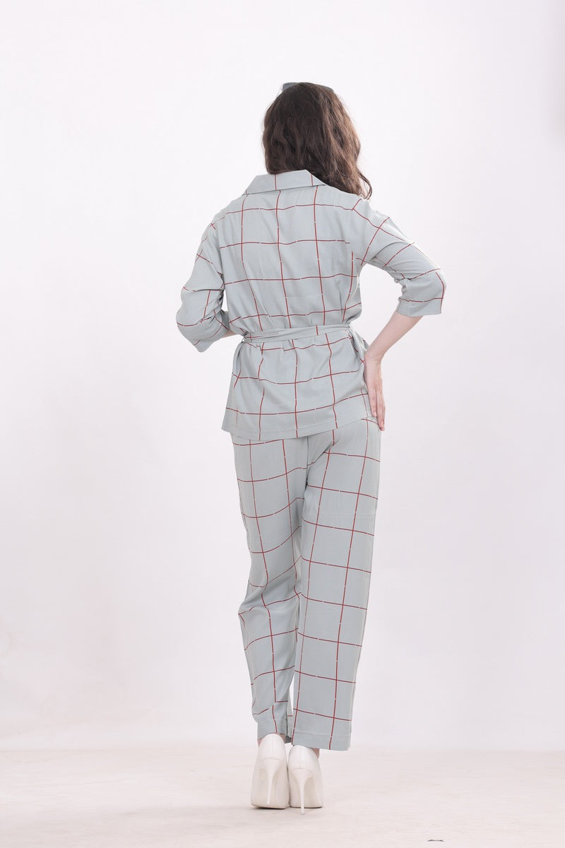 WOMEN CHECK NIGHTWEAR WITH BELT