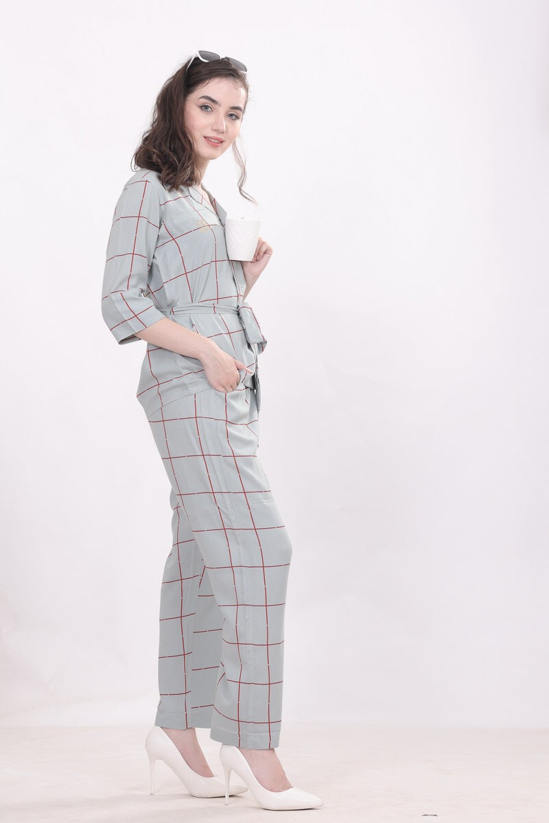 WOMEN CHECK NIGHTWEAR WITH BELT