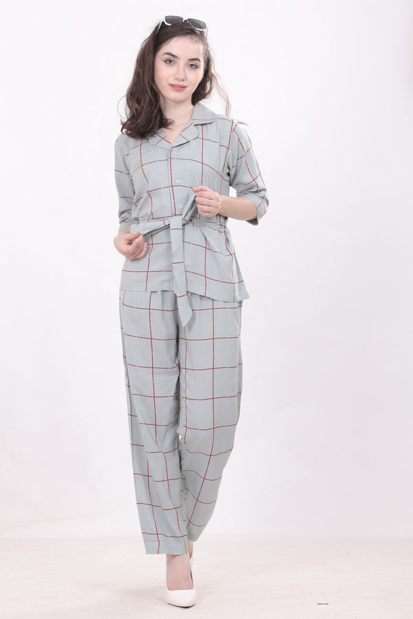 WOMEN CHECK NIGHTWEAR WITH BELT