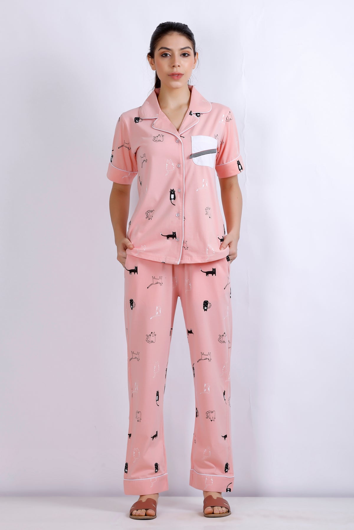 Peach color Cat Printed collar nightwear Half Sleeves MX_HS44