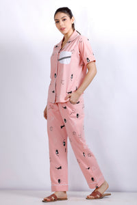 Peach color Cat Printed collar nightwear Half Sleeves MX_HS44