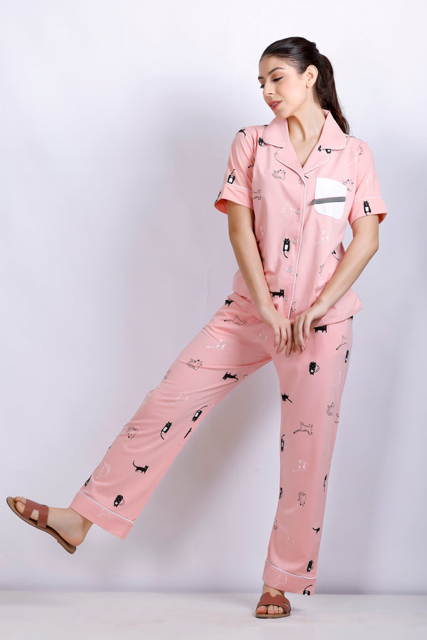 Peach color Cat Printed collar nightwear Half Sleeves MX_HS44