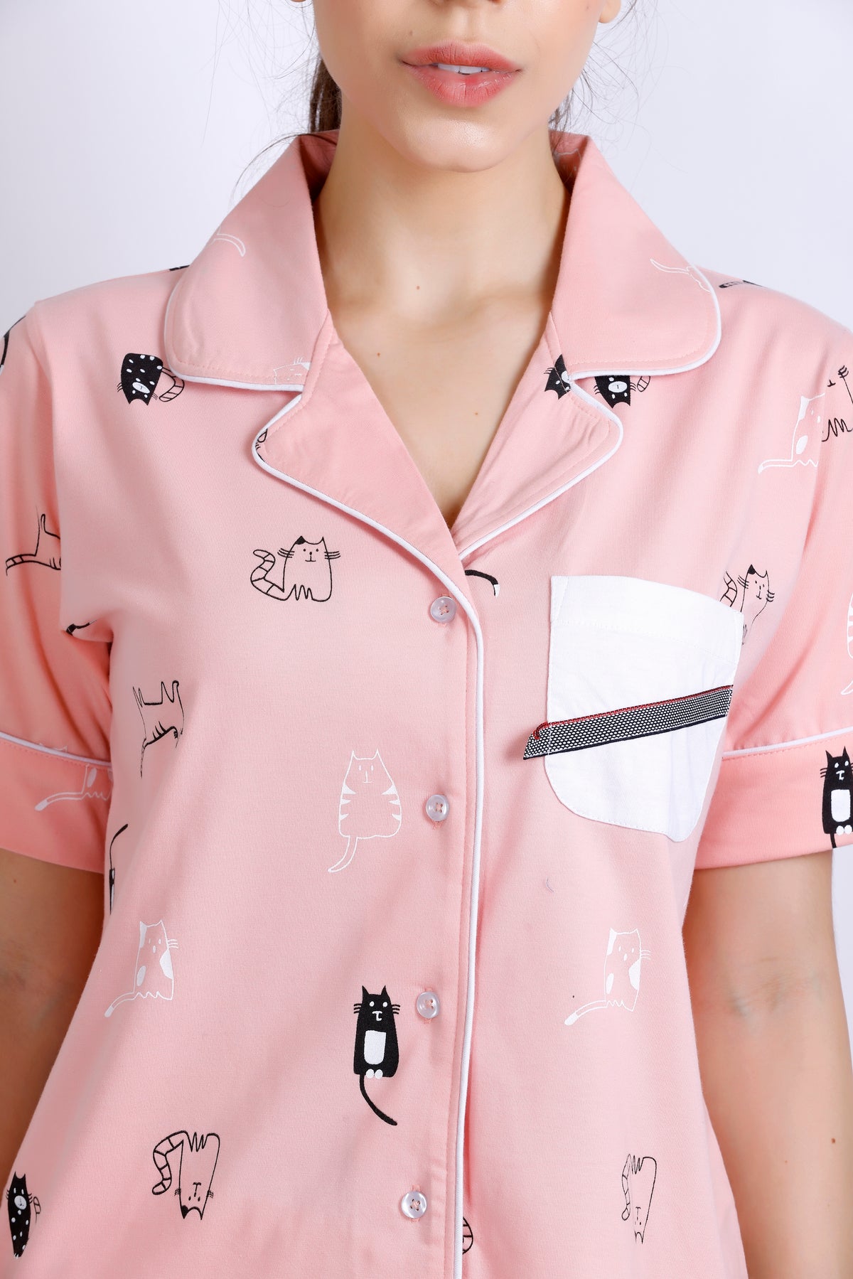 Peach color Cat Printed collar nightwear Half Sleeves MX_HS44