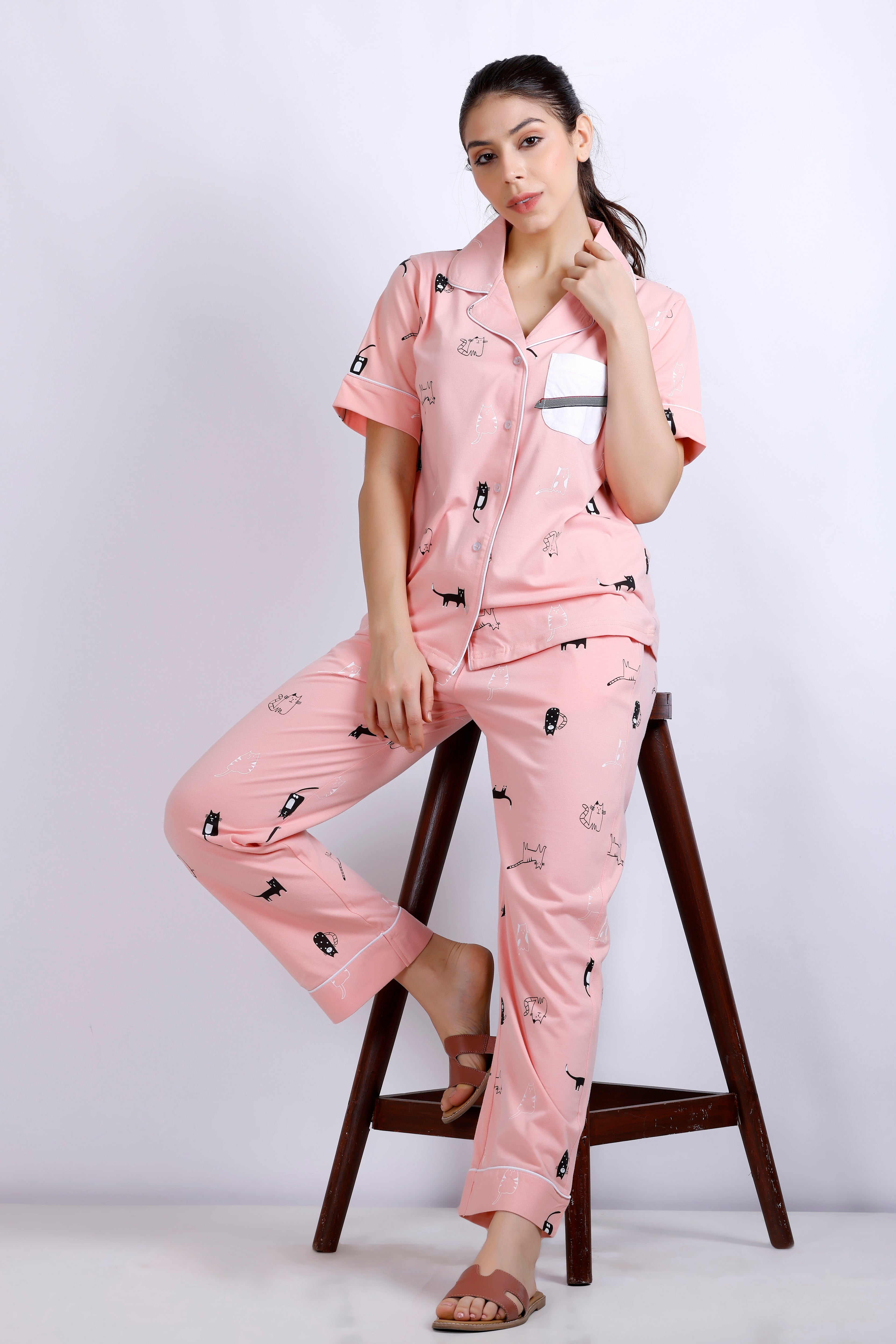 Peach color collar night suit with cat design Half Sleeves MX HS44