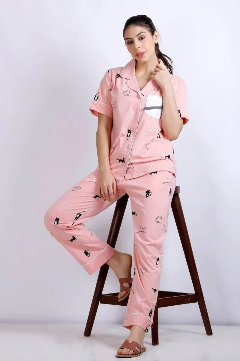 Purrfect Dreams Nightwear (Half Sleeve) | Women Premium Cotton Nightwear | Miazi MX_HS_TPS13