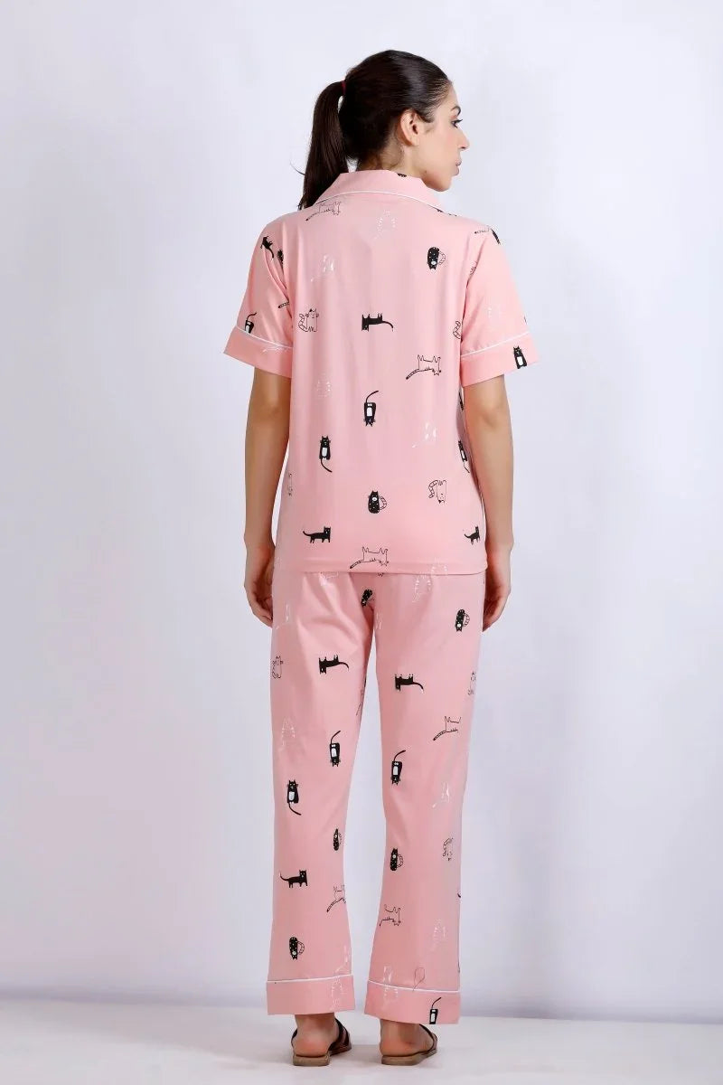 Purrfect Dreams Nightwear (Half Sleeve) | Women Premium Cotton Nightwear | Miazi MX_HS_TPS13