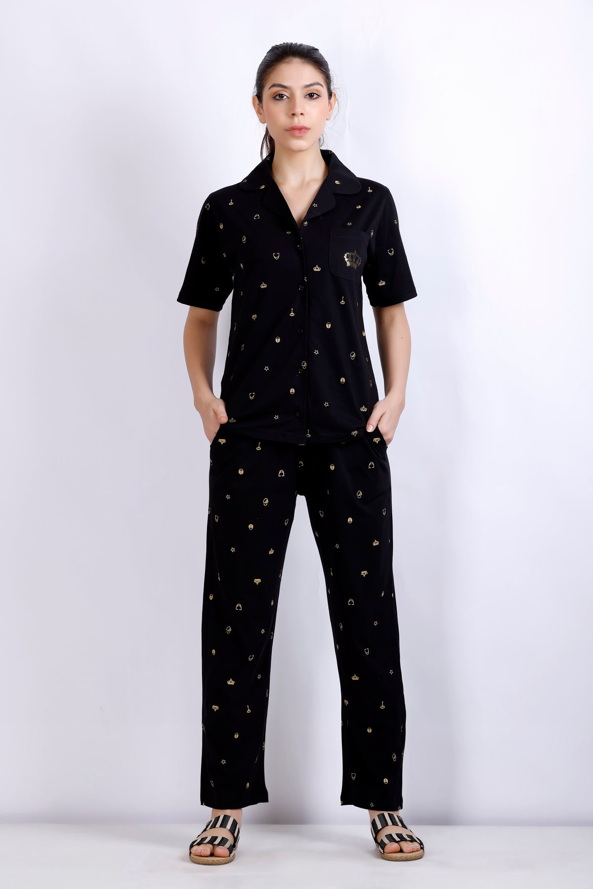 Crown embelished black printed night suit