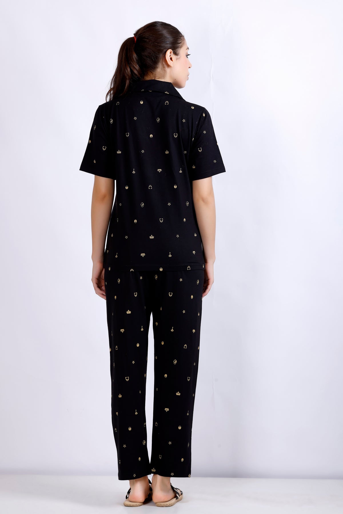 Crown embelished black printed night suit