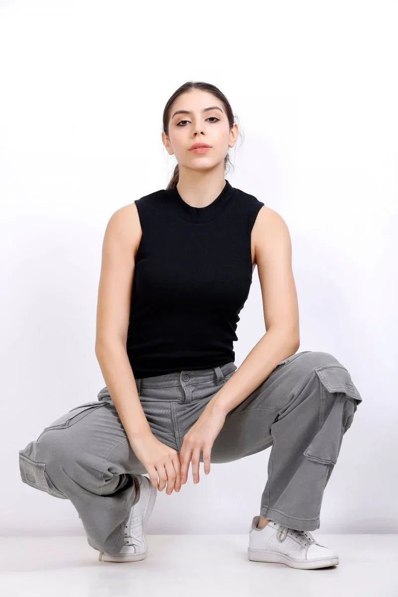 Mandarian Black/Aqua Green Rib | Women Premium Cotton Rib Tops | Miazi