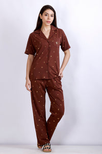 Brown Printed Collar Nightwear  Women's Top & Pyjama Set with Pockets - Comfortable and Stylish Sleepwear MX_HS46