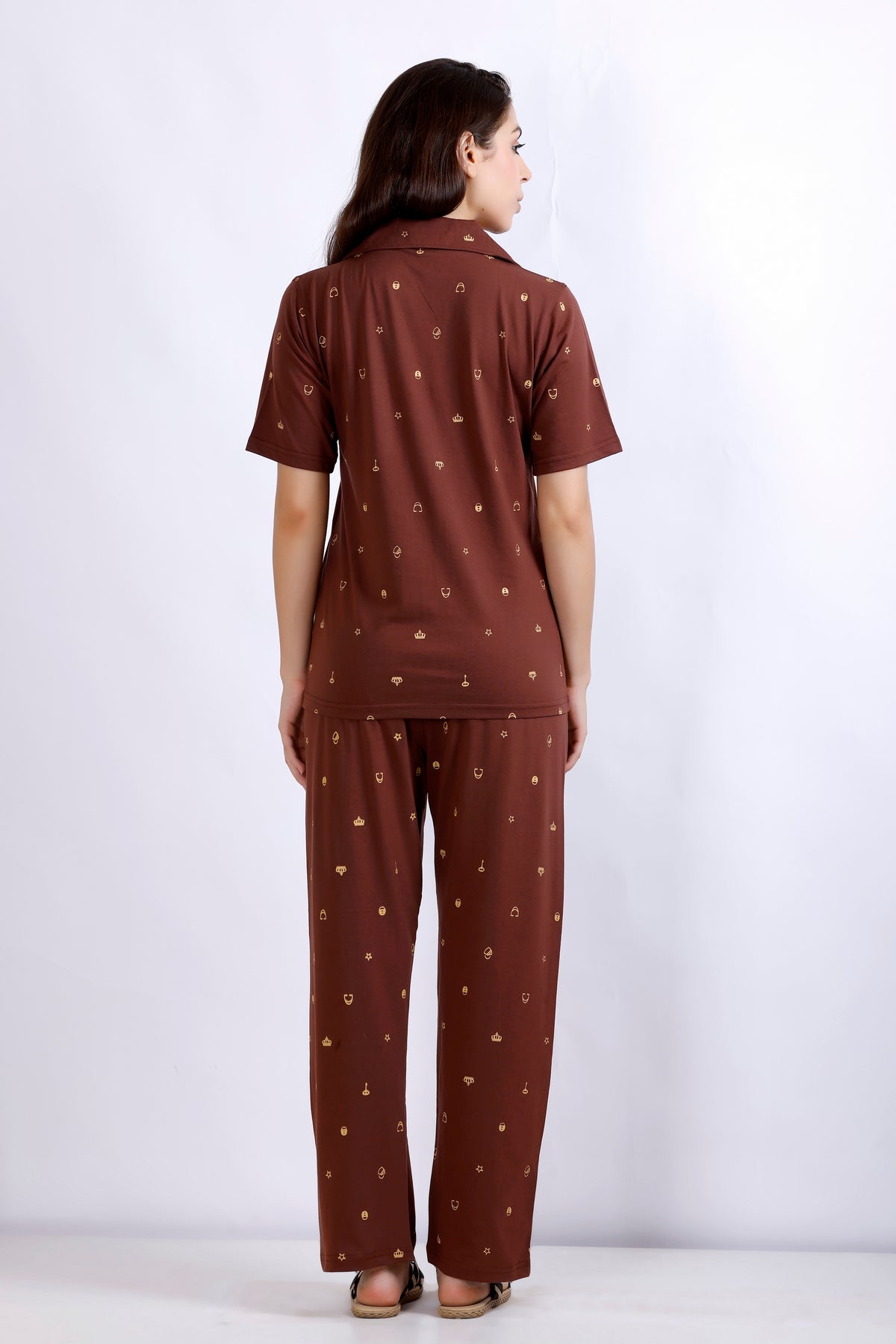 Brown Printed Collar Nightwear  Women's Top & Pyjama Set with Pockets - Comfortable and Stylish Sleepwear MX_HS46