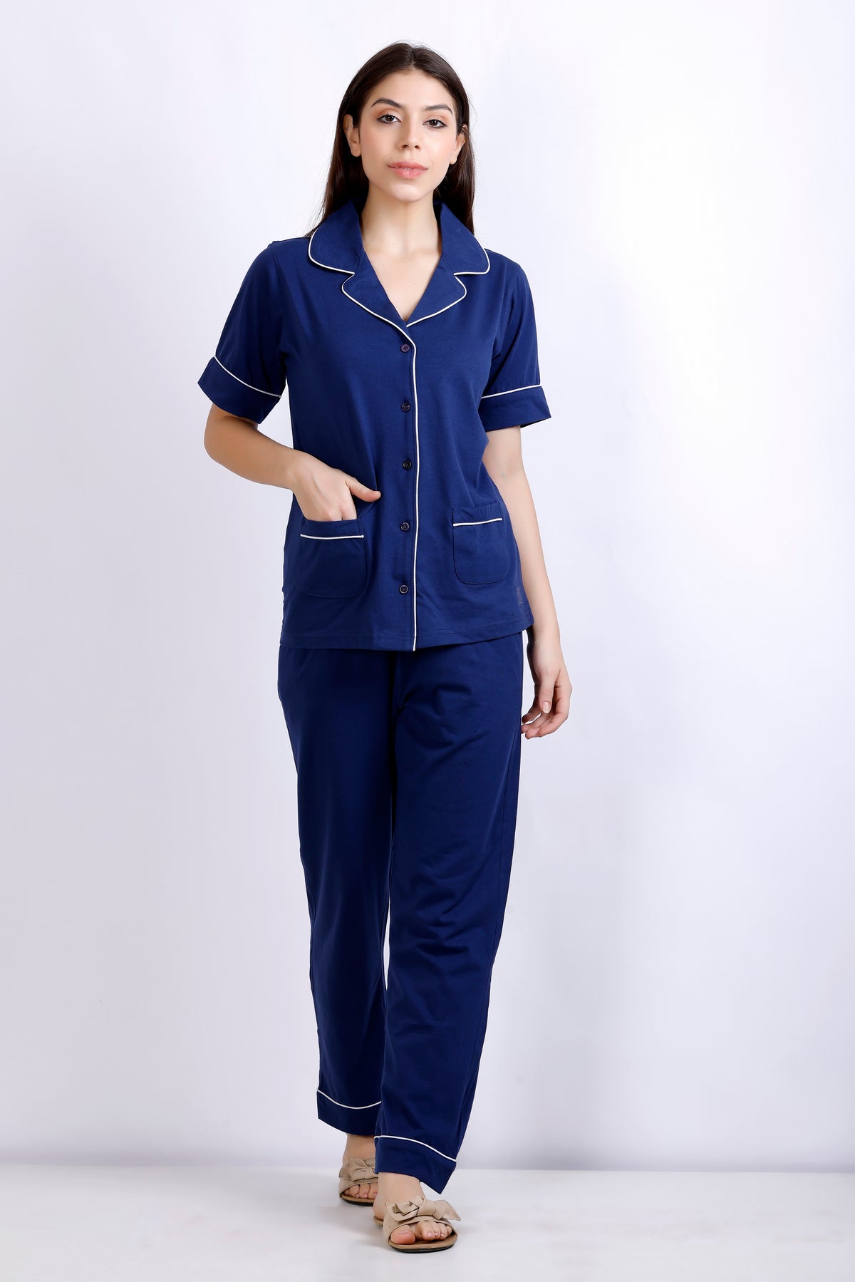 Premium Navy Blue Collar Nightwear for  Women MX_HS40