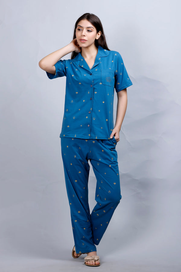 Blue Printed Collar Nightwear Women's Top & Pyjama Set with Pocket MX_HS48