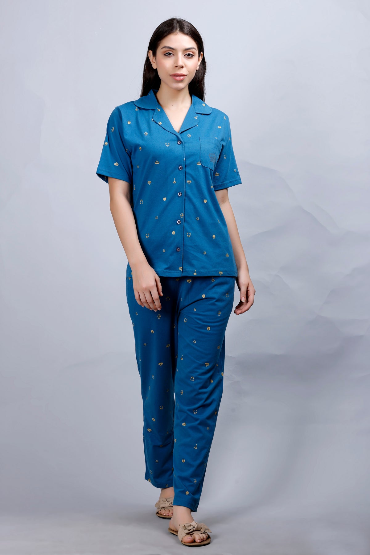 Blue Printed Collar Nightwear Women's Top & Pyjama Set with Pocket MX_HS48