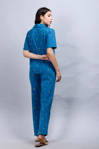 Blue Printed Collar Nightwear Women's Top & Pyjama Set with Pocket MX_HS48