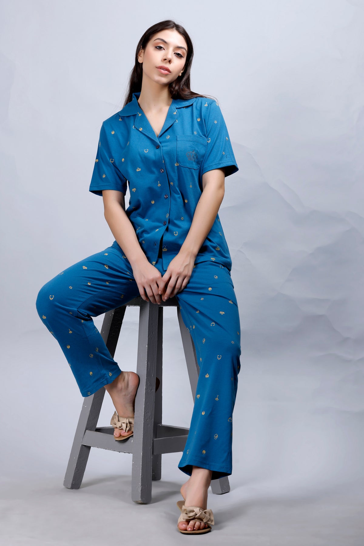 Blue Printed Collar Nightwear Women's Top & Pyjama Set with Pocket MX_HS48