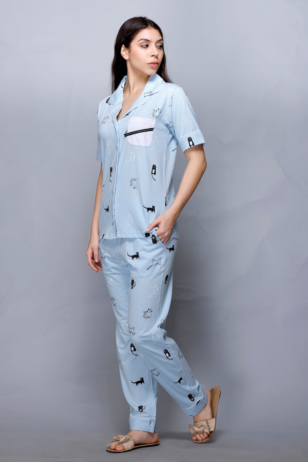 Cat Print, Sky Blue Color, Collar Half Sleeve Nightwear With Contrast Pocket MX_HS43