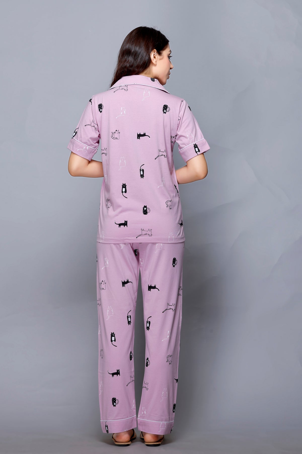 Cat print, Lavender, Collar half sleeve Nightwear with Contrast Pocket MX_HS45