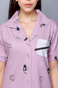 Cat print, Lavender, Collar half sleeve Nightwear with Contrast Pocket MX_HS45