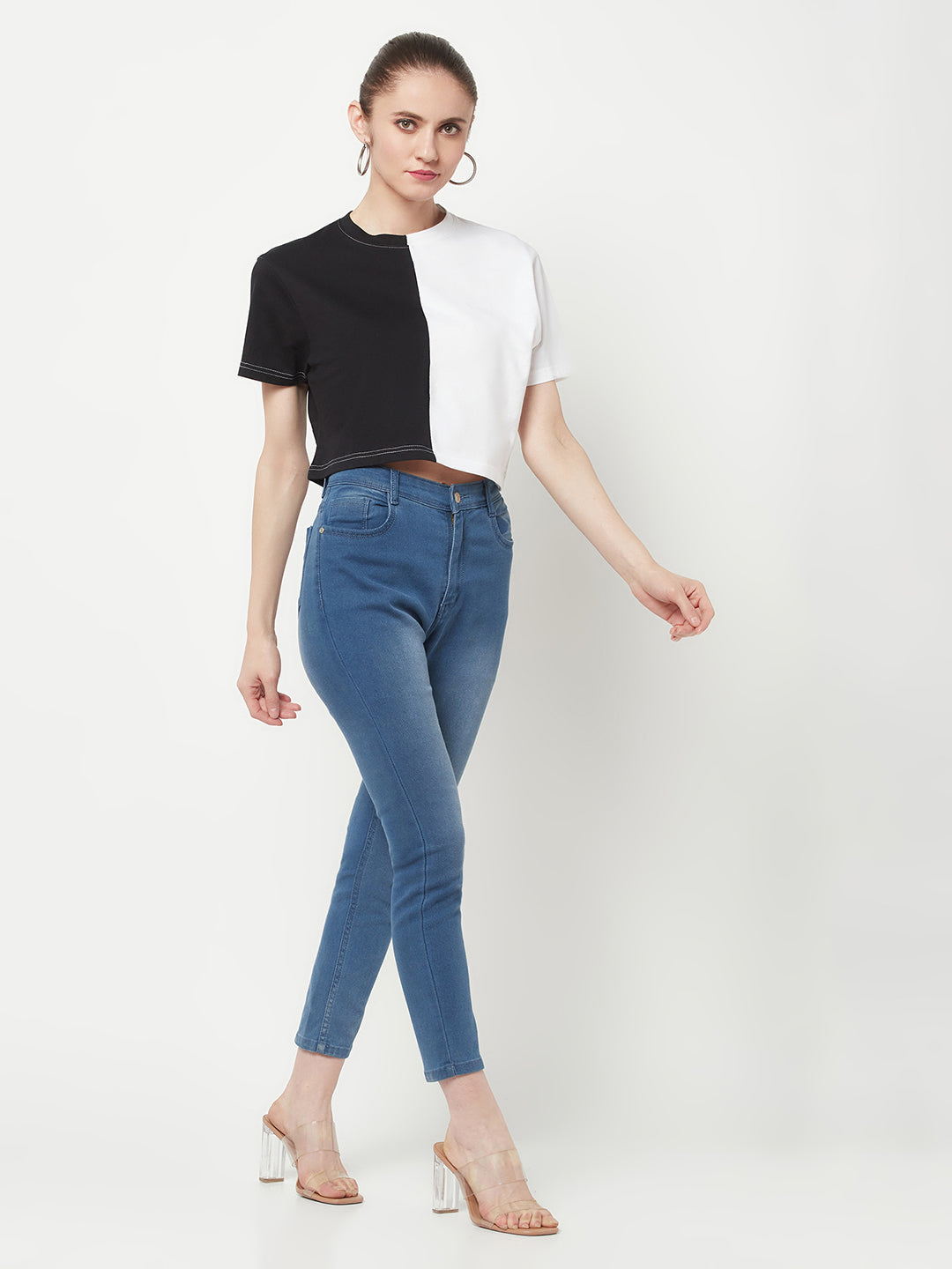 Color Blocked Black & White Crop Top for Women