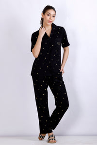 Crown embelished black printed night suit