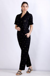 Crown embelished black printed night suit