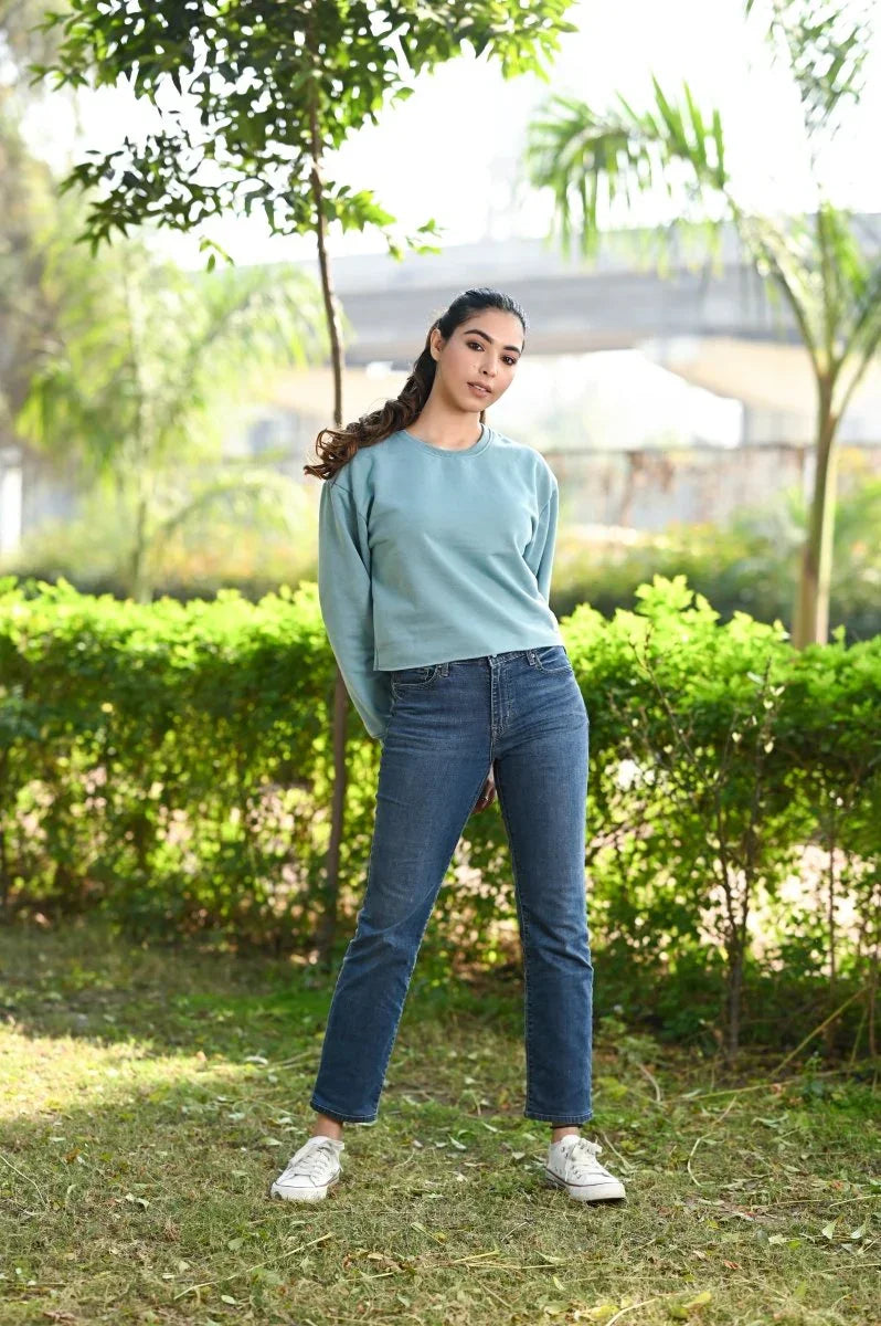 Women Crop Sweatshirt Aqua | Premium Cotton Sweatshirt | Miazi