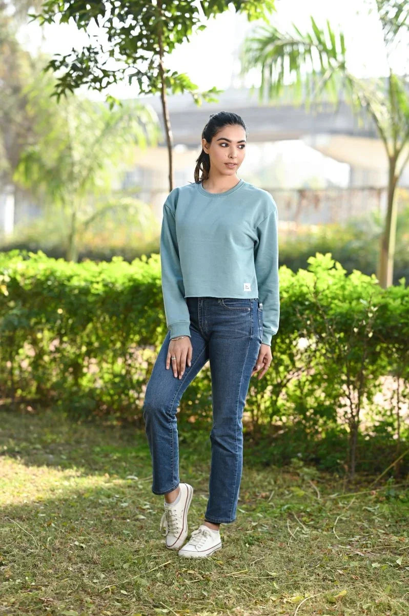 Women Crop Sweatshirt Aqua | Premium Cotton Sweatshirt | Miazi