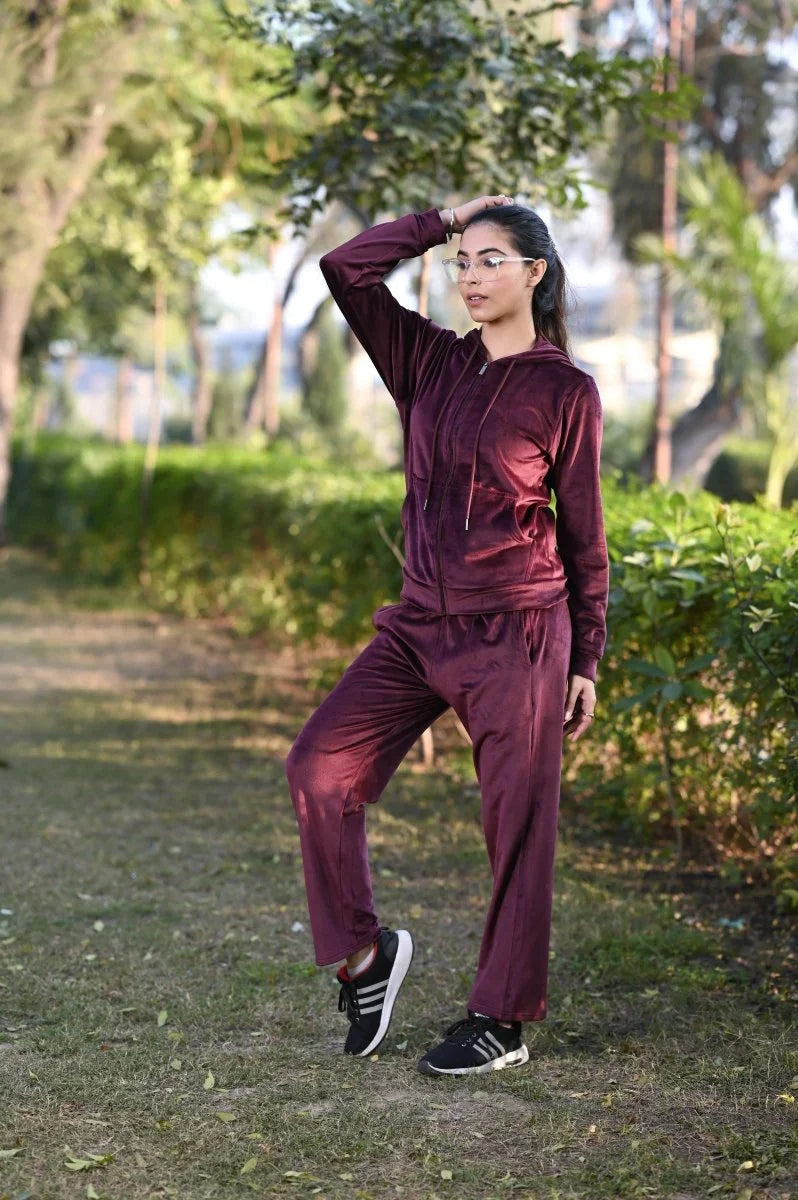 Women Tracksuit With Hood And Zippr Velour Fleece Inside | Premium Cotton Track Suit | Miazi