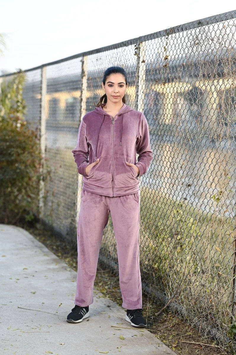 Women Tracksuit With Hood And Zippr Velour Fleece Inside | Premium Cotton Track Suit | Miazi