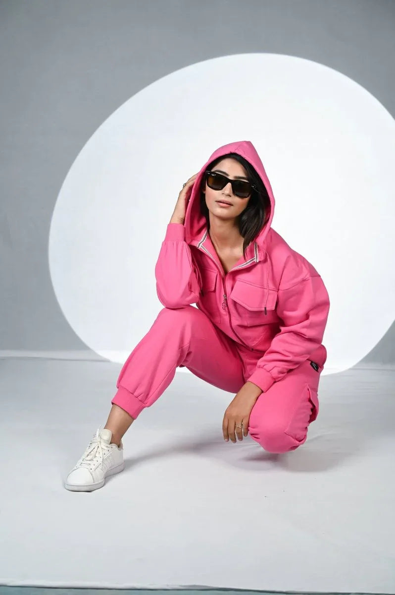 Women Tracksuit With Cargo Pants (Bubble Gum) | Premium Cotton Fleece Track Suit | Miazi