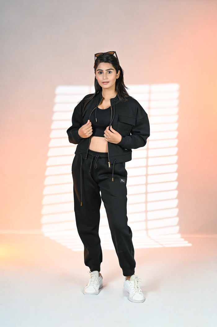 Women Black Tracksuit 100% Cotton Fleece | Premium Cotton Track Suit | Miazi