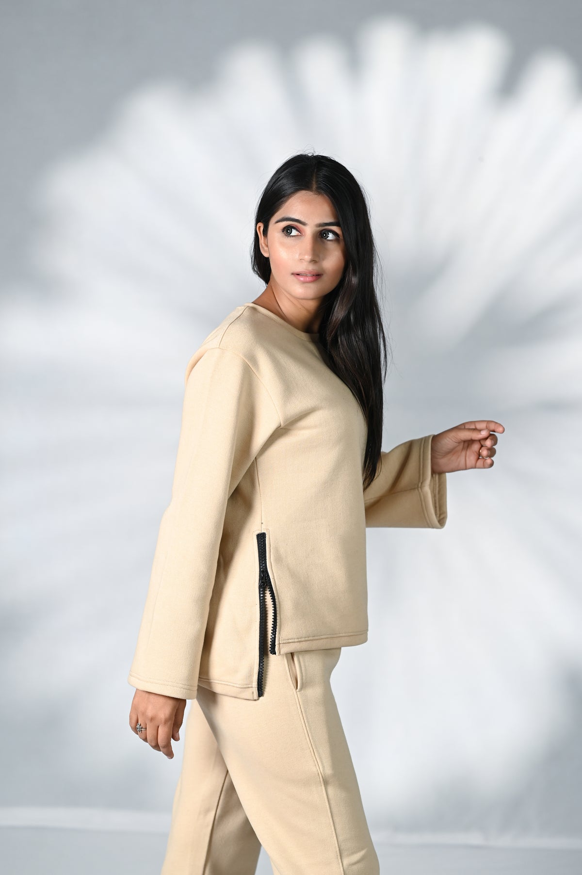 Women Tracksuitwith Side Zipper 100% Cotton Fleece Beige | Premium Cotton Track Suit | Miazi