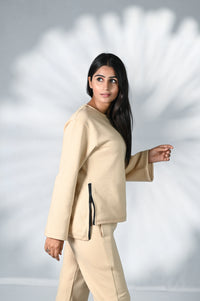 Women Tracksuitwith Side Zipper 100% Cotton Fleece Beige | Premium Cotton Track Suit | Miazi