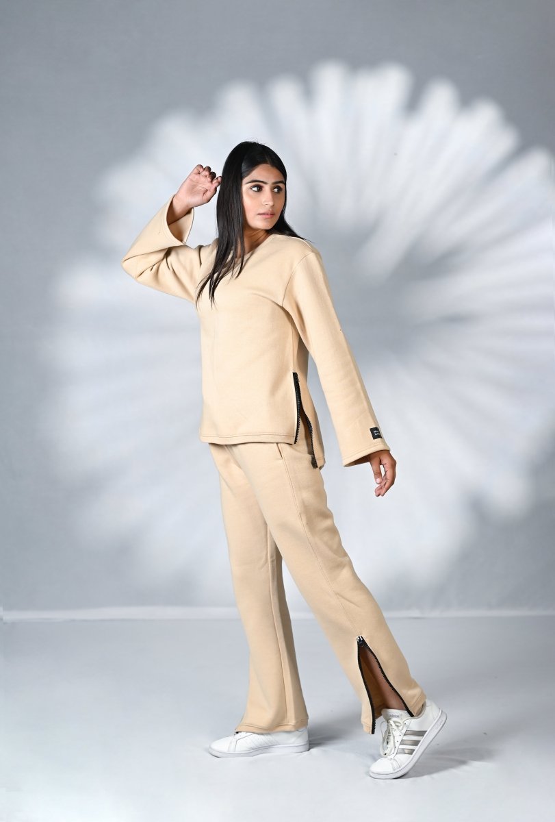 Women Tracksuit with Side Zipper 100% Cotton Fleece Beige | Premium Cotton Track Suit | Miazi