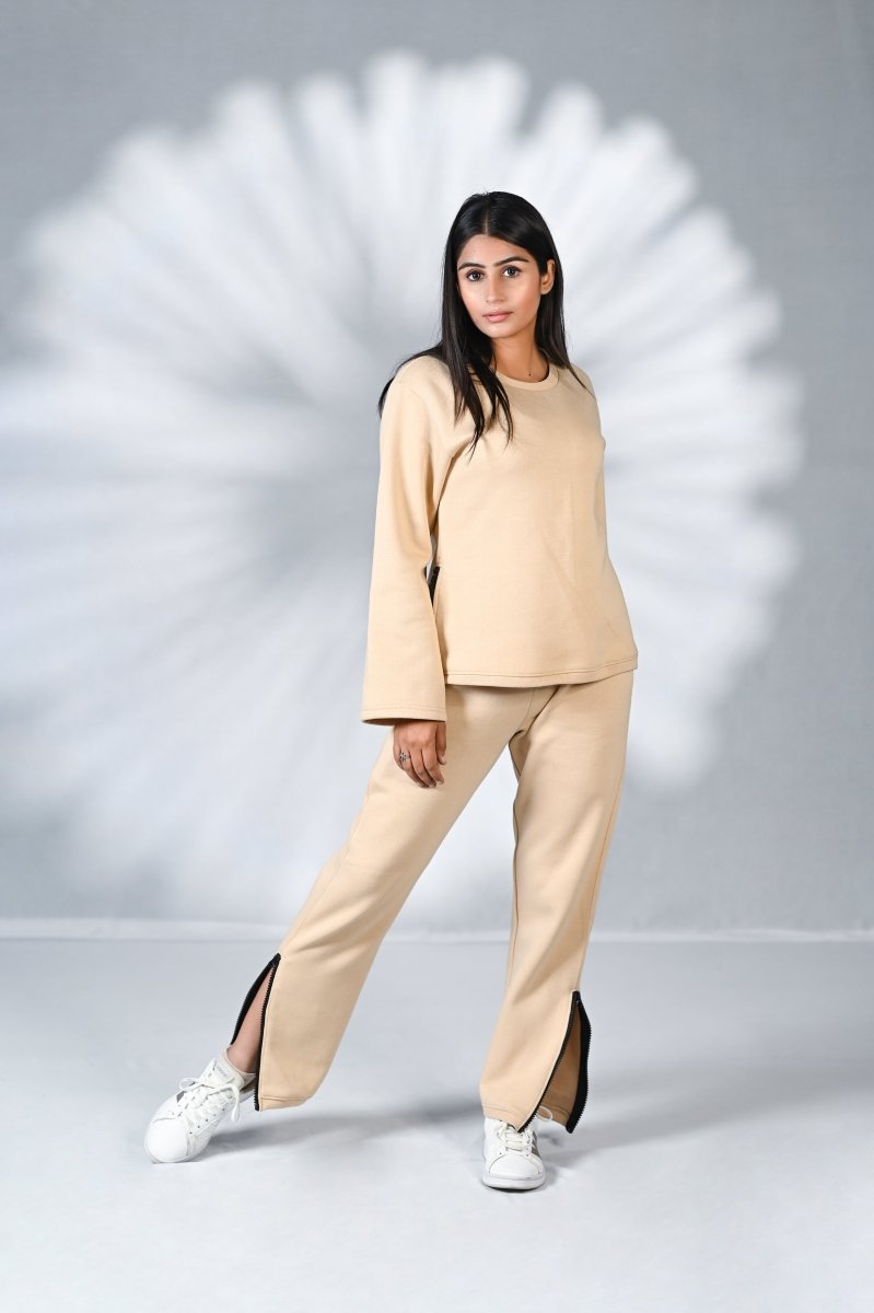 Women Tracksuit with Side Zipper 100% Cotton Fleece Beige | Premium Cotton Track Suit | Miazi