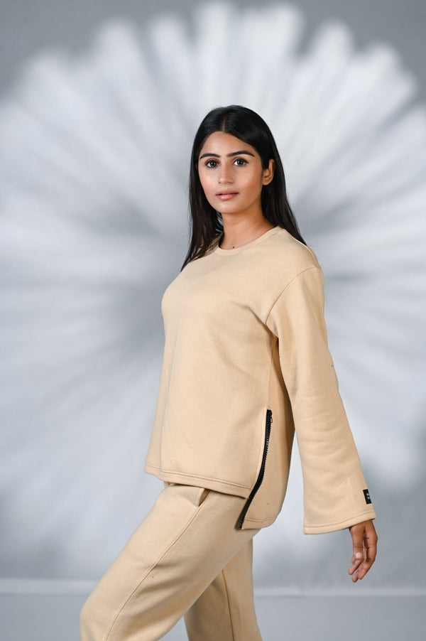 Women Tracksuit with Side Zipper 100% Cotton Fleece Beige | Premium Cotton Track Suit | Miazi