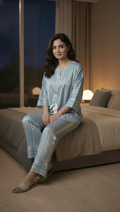 Powder Blue Cotton With Satin Detailing Night Wear | Women Premium Cotton Nightwear | Miazi