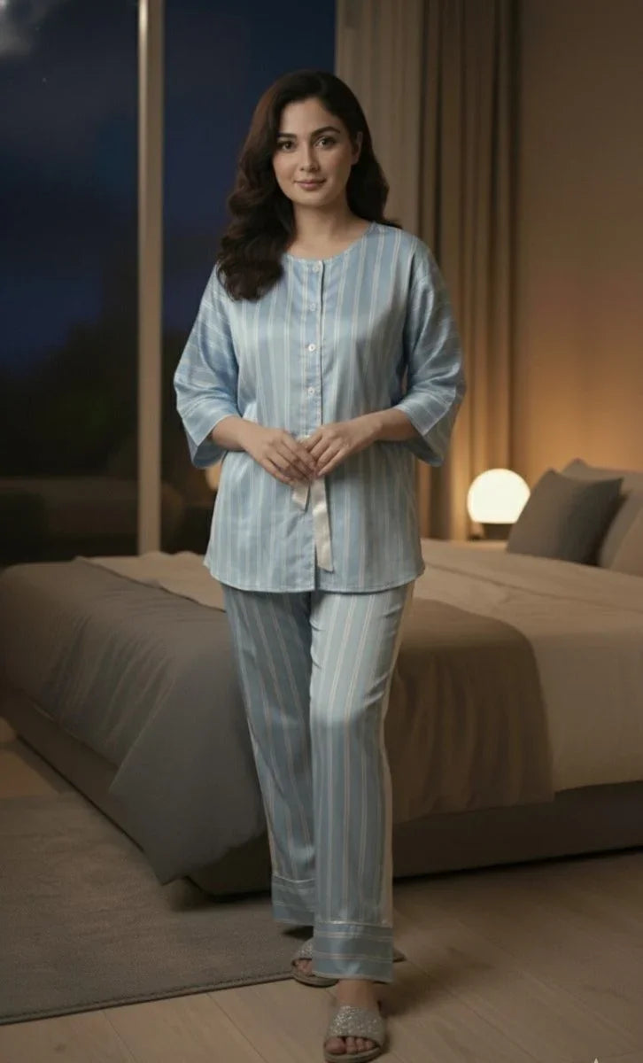 Powder Blue Cotton With Satin Detailing Night Wear | Women Premium Cotton Nightwear | Miazi MX_SB2O