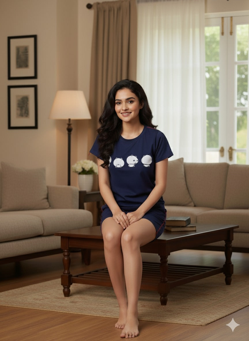 Panda Print Nightwear With Shorts | Women Premium Cotton Nightwear | Miazi