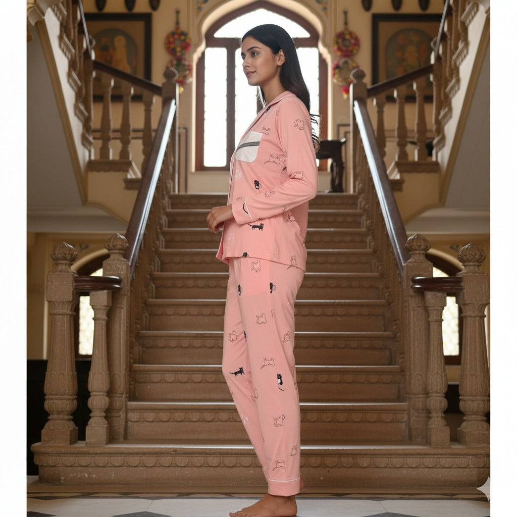 Purrfect Dreams Nightwear (Full Sleeve) | Women Premium Cotton Nightwear | Miazi