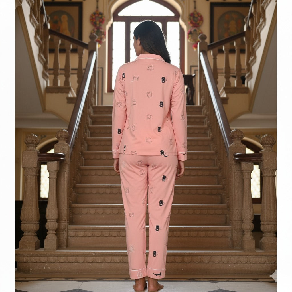 Purrfect Dreams Nightwear (Full Sleeve) | Women Premium Cotton Nightwear | Miazi