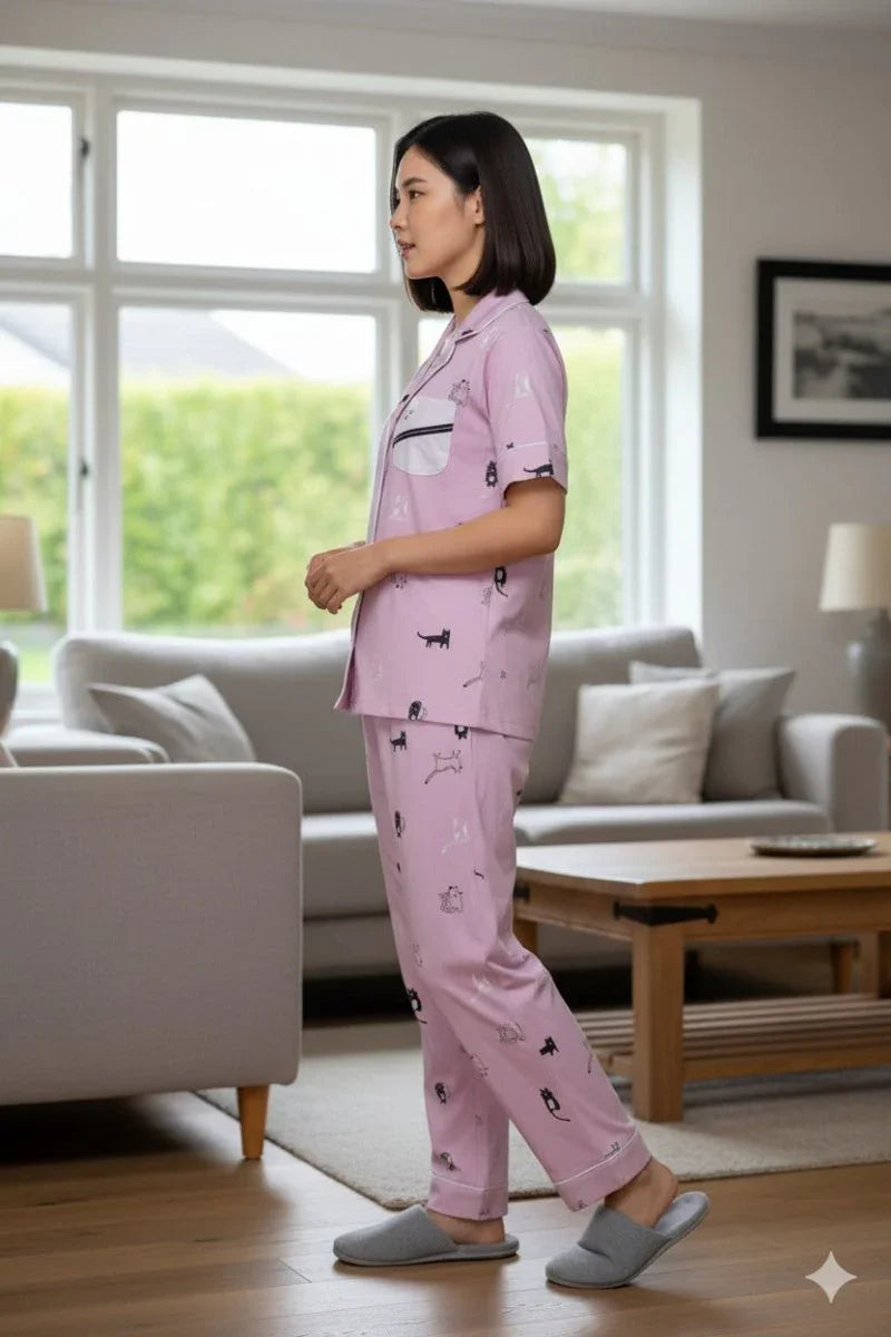 Purrfect Dreams Nightwear (Half Sleeve) | Women Premium Cotton Nightwear | Miazi MX_HS_TPS13